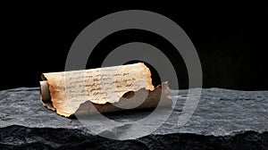 A weathered scroll on a stone surface featuring ancient handwritten text