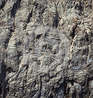 Weathered seaside rock face texture. Aged volcanic stone wall surface background pattern with cracks and scratches.