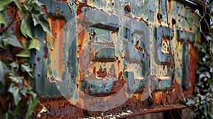 A weathered sign for a longclosed steel mill its letters ly visible through layers of rust and encroaching vines. photo