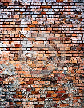 Weathered stained old brick wall background