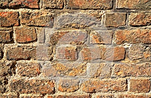 Weathered stained old brick wall background