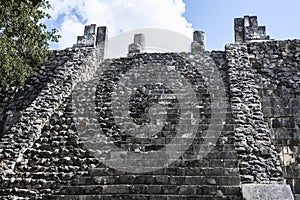 The weathered stairway of the ancient Mayan building ruins of Ma