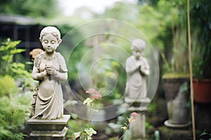 weathered statues in manors overgrown garden