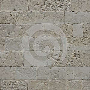 Weathered stone wall composed of rectangular limestone blocks. The surface