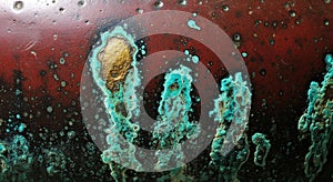 Weathered surface featuring turquoise and green patina formations on a maroon