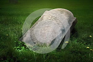 A weathered tombstone with unreadable writings, fallen into the grass, symbolising time\'s passage and forgotten histories. photo