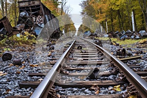 weathered train parts scattered around derailment site