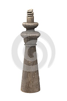 weathered turned wooden column thread white background