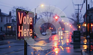 Weathered Vote Here sign indicating a local polling station on a city street at twilight, symbolizing civic duty and the