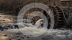 A weathered waterwheel creaking as it turns in a rushing river photo