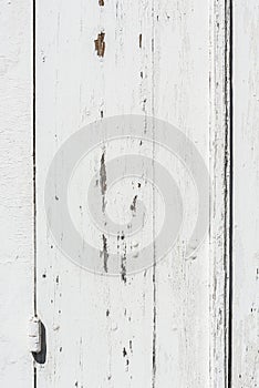 Weathered white wooden door with paint chipped and peeling.