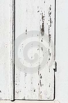 Weathered white wooden door with paint chipped and peeling.