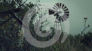 A weathered windmill creaking in the wind its rusted blades still turning as if beckoning travelers towards a cursed photo