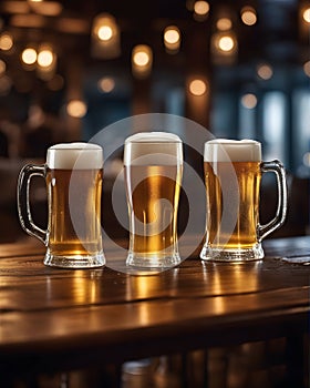 Three glasses of dripping draft beer rest on the rustic wooden counter of a cozy bar photo