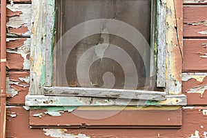 Weathered Wood Panel Wall and Window With Peeling Paint Textured Background