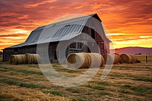 weathered wooden barn with hay bales at sunset