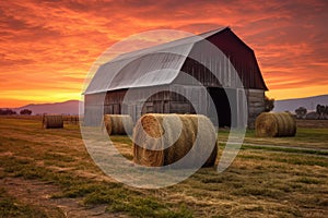 weathered wooden barn with hay bales at sunset