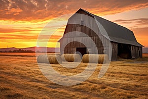 weathered wooden barn with hay bales at sunset