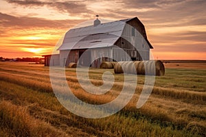 weathered wooden barn with hay bales at sunset