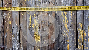A weathered wooden fence adorned with caution tape and handwritten updates on the ongoing construction photo