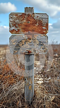 A weathered wooden signpost in a rural setting pointing in multiple directions