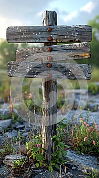 A weathered wooden signpost in a rural setting pointing in multiple directions