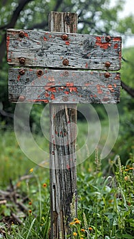 A weathered wooden signpost in a rural setting pointing in multiple directions