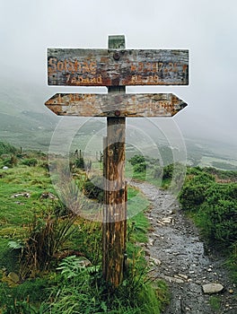 A weathered wooden signpost in a rural setting pointing in multiple directions