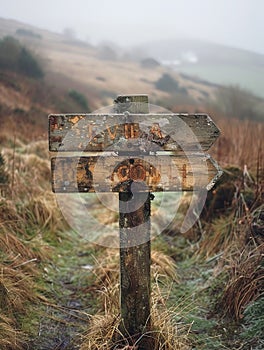 A weathered wooden signpost in a rural setting pointing in multiple directions