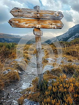 A weathered wooden signpost in a rural setting pointing in multiple directions