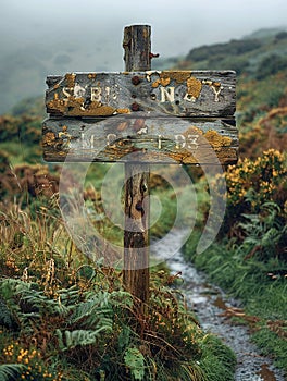 A weathered wooden signpost in a rural setting pointing in multiple directions