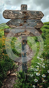 A weathered wooden signpost in a rural setting pointing in multiple directions