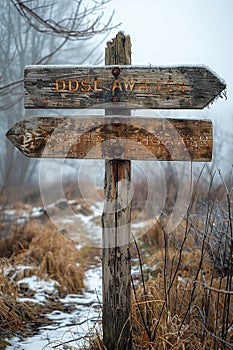 A weathered wooden signpost in a rural setting pointing in multiple directions