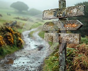 A weathered wooden signpost in a rural setting pointing in multiple directions