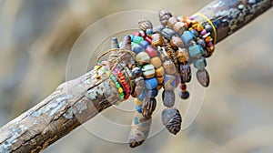 A weathered wooden staff adorned with beads and charms used by traditional healers during healing ceremonies. The staff photo