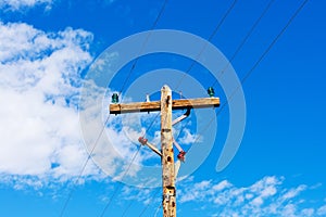 Weathered wooden utility pole with parallel single-circuit lines and colorful isolators in the blue sky