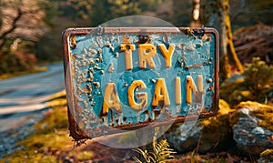 Weathered and worn TRY AGAIN sign stands by a country road, symbolizing persistence, second chances, motivation, and the