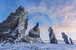 Weathering posts, Manpupuner plateau, Russia