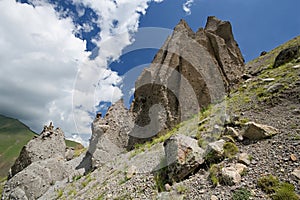 Weathering rocks on mountain slope in Caucasus