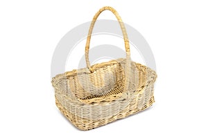 Weave bamboo and rattan wood tray basket with handle isolated on white background. Wicker wooden basket isolated