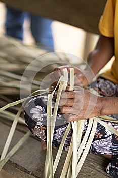 Weaving with bur rush plant leaves