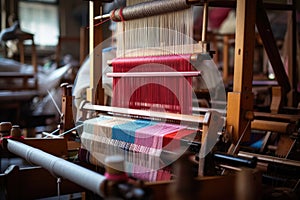 Weaving loom in a textile factory. Close-up, loom production of threads and textiles, AI Generated