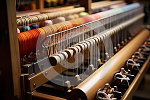 Weaving loom and thread in a textile factory, closeup, loom production of threads and textiles, AI Generated