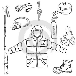 Set of camp tools line art icon symbols vector illustration on white background