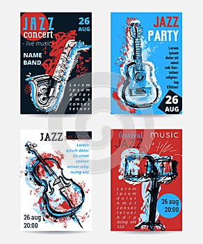 Jazz music party with musical instruments. Saxophone, guitar, cello, drum kit with grunge watercolor splashes. Design template for