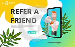 Refer a friend concept. Referral code. Bussines man with megaphone on screen smartphone. Social media concept use for landing page photo
