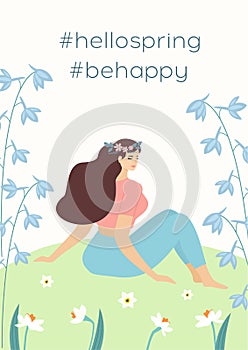 Beautiful spring template with cute girl and text. Vector illustration. Can be used for banner, poster, greeting card, postcard an