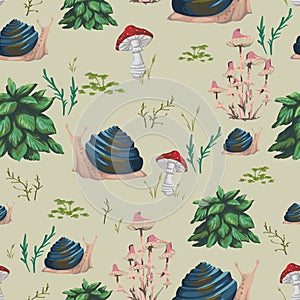 Seamless pattern with snail, plants, leaves and mushrooms. Design in watercolor style for greeting card, invitation, baby shower p
