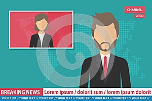 Anchorman on tv broadcast news. Breaking News vector illustration. Media on television concept. Flat vector