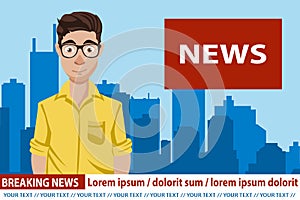 Anchorman on tv broadcast news. Breaking News vector illustration. Media on television concept. Flat vector